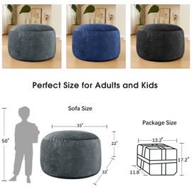 ILPEOD 3 Feet Bean Bag Chair - BeanBag Chairs for Adults, Living Room Furniture Sofa with Soft Micro Fiber Cover, Round Fluffy Couch for Bedroom College Dorm - Grey