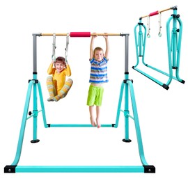 GLANT Gymnastics Bar for Kids with Rings Set, 7 Heights Adjustable Easy Folding Gymnastic Training Bar Kids Monkey Horizontal Bars - Max Load 300LBS