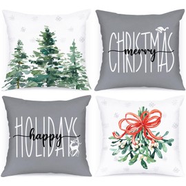 Lanpn 18x18 Christmas Throw Pillow Covers Set of 4, Winter Forest Outside Outdoor Decorative Holiday Pillow Case Cushion Cover 18 x 18 for Indoor Home Bedroom Sofa Couch Xmas Decor Grey
