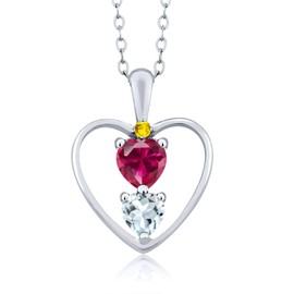 925 Sterling Silver Red Created Ruby Sky Blue Aquamarine and Yellow Sapphire Pendant Necklace For Women (0.86 Cttw, Gemstone July Birthstone, Heart 5MM and 4MM, with 18 Inch Silver Chain)