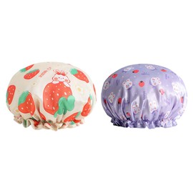 Cute Shower Cap - ShiningUU 2pcs Reusable Shower Caps for Women UK | Strawberry + Rabbit Design, Polyester Outer PEVA Inner Lining, Elastic Ear Covers for Shower, Travel Spa Sleeping Makeup Accessory