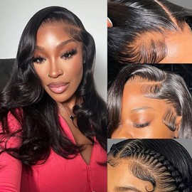 24 Inch 13x6 Lace Front Wigs Human Hair 200% Density Real Human Hair Wig Body Wave HD Lace Frontal Wigs Pre Plucked Transparent Lace Natural Black for Women