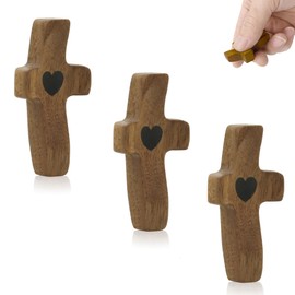ACOSIY 3Pcs Wooden Crosses for Crafts, Small Walnut Pocket Cross, Fingertip Stress Relief Hand Held Wood Cross, Clinging Cross for Praying, Religious Cross My Heart, Encouragement Gift (3 Pcs)