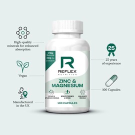 Reflex Nutrition Zinc & Magnesium - Normal Muscle Function & Protein Synthesis Support - Reduce Tiredness and Fatigue - Essential Mineral Magnesium Supplements & Zinc Supplements (100 Capsules, Vegan)