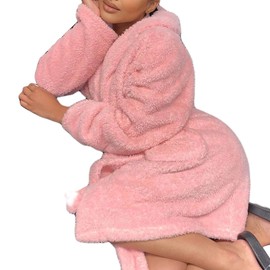 Minasan Women’s Bathrobe short with hood - fluffy sauna dressing gown dressing gown nightwear fleece dressing gown ear with hood., pink, L