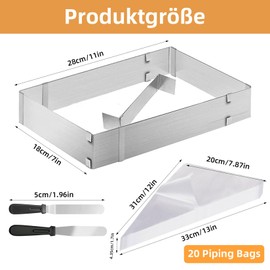Backrahmen Rechteckig Verstellbar, Backform Rechteckig, Edelstahl Tortenring Verstellbar, Backrahmen Eckig mit Teiler für Backblech Kuchen Pizza Backen Torten Zubehör Dekorieren + 20 Spritzbeutel