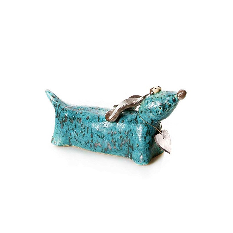 Enigma Supplies Ceramic Dachshund Statue in Teal with Wooden Heart