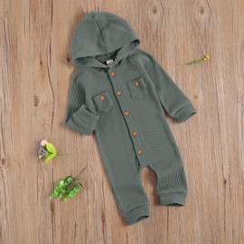 Kuriozud Newborn Unisex Baby Boy Girl Hoodie Romper Solid Long Sleeve One Piece Hooded Jumpsuit Waffle Outfit (Grey, 0-3 Months)