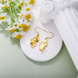 YFN Bee Earrings Sterling Silver Honeycomb Bee Dangle Earrings Bee Jewellery for Women Girls Bee Gifts for Mom Daughter