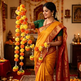 Marigold Flower Garland for Indian Wedding Decor - 3PCS 5FT Artificial Fabric Marigold Toran for Diwali, Ganpati, Pooja, Wedding Party Deepavali Background Decoration Door Entrance Wall Hanging