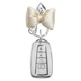 YILINXI Compatible with Toyota 4 Buttons Key Fob Cover with Silk Bowknot Keychain, Car Key Shell Accessories for Highlander RAV4 Camry Avalon C-HR Corolla GT86 (2018-2024) for Women, (Silver)