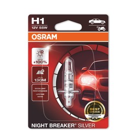 OSRAM NIGHT BREAKER SILVER H1, +100% more brightness, halogen headlamp, 64150NBS-01B, 12V, passenger car, single blister (1 lamp)