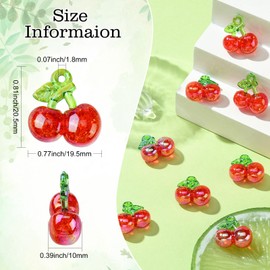 DanLingJewelry 20Pcs Resin 3D Fruit Charms Transparent Crackle Red Cherry Charms with Green Leaf for DIY Jewelry Making