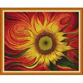 YEESAM ART Cross Stitch Kits Stamped for Adults Beginner Kids, Sunflower Abstract Flower 11CT 60×49cm DIY Embroidery Needlework Kit with Patterns Needlepoint Christmas (Sunflower)