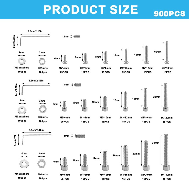 900 Pcs M2 M3 M4 Bolts and Nuts Set, Assorted