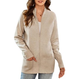 GRACE KARIN Womens Cardigan Full Zip Cardigans Long Sleeve Cardigan Sweater with Pockets(Light Khaki 2XL)