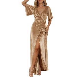 MEROKEETY Women's Short Sleeve Vintage Velvet Long Dress Sexy Boho Wedding Guest Evening Maxi Dresses, Champagne, Small