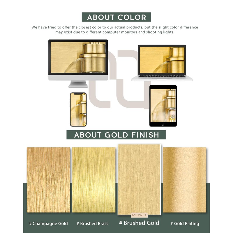 METWET Bathroom Light Fixtures, Brushed Gold Vanity Lights with Flared