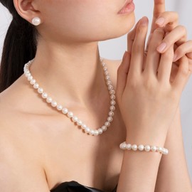 BURLAP LIFE AAA Freshwater Cultured Potato Pearl Jewelry Set for Women White Real Pearl Necklace Stud Earring Bracelet 925 Sterling Silver Birthday Valentine's Day, 18inch 6.5mm-7.5mm