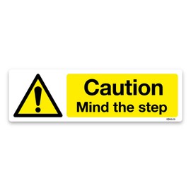 Pack of 2 Caution Mind the Step Sign, 200x60, Warning and Hazard Safety Vinyl Sticker (White Vinyl)