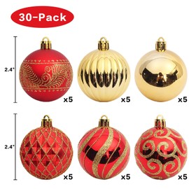 30pcs Christmas Tree Balls, 2.36" Christmas Ornament Decorations Shatterproof Ornaments Gold and Red Color Painted Christmas Baubles Decorations for Party Wedding Christmas Decor