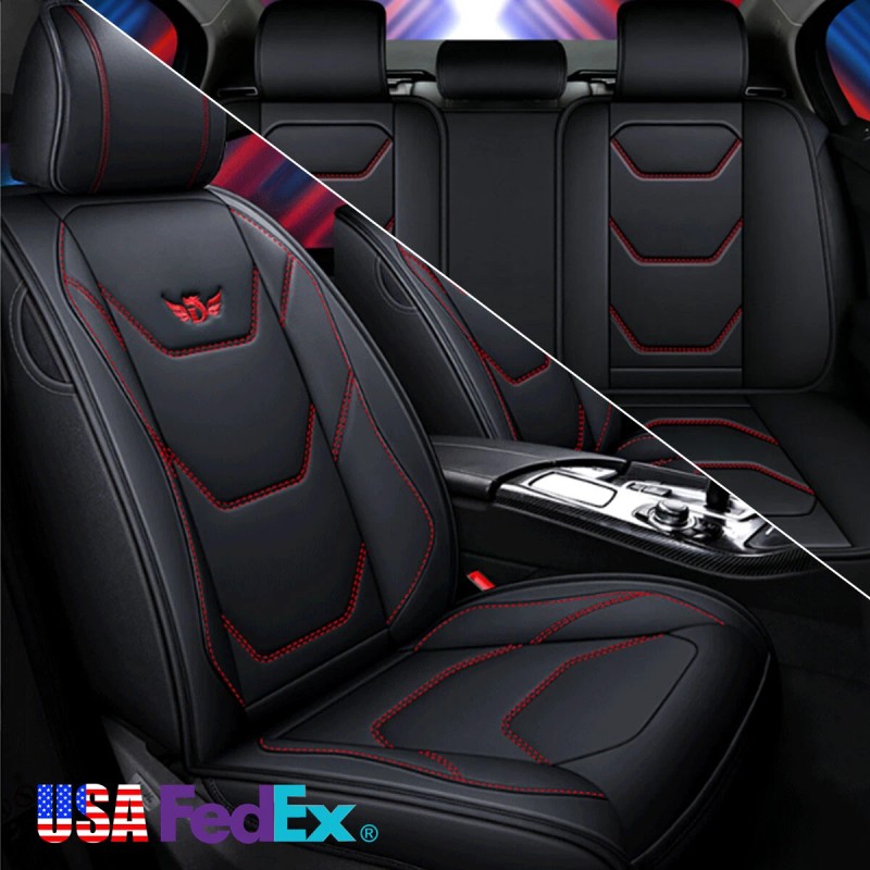 Black Red PU Leather Car Seat Cover Front + Rear