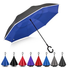 G4Free 48 Inch Large Reverse Umbrella with C-Shaped Handle, Windproof Upside Down Inverted Close Rain Umbrella with Reflective Strip for Women and Men (Black/Royal Blue)
