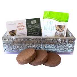 Organic Cat Grass Seeds Kit - Decorative Reclaimed Barnwood Style Organic Wheatgrass Seeds Planter - Aged Brown - Hairball Remedy for Cats, Healthy Pet Grass Supplement & Wheatgrass Growing Kit