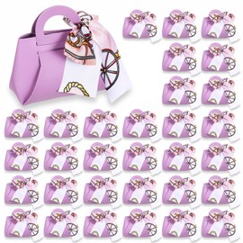 MAQUITA 32 Pcs PU Leather Purse Gift Bags with Handles, Ribbon Candy Wedding Purse Party Favor Bags, Reusable Valentines Candy Boxes for Baby Showers Christmas Birthday Wedding (Purple)