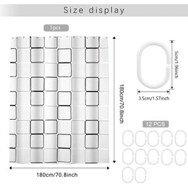 WOODFIB Shower Curtain, 100% PEVA Waterproof Anti-Mould Proof Resistant, Quick-Drying, Washable Bathroom Curtain, Includes 12 Pcs Curtain Hooks, 180 x 180 cm (Plaid)