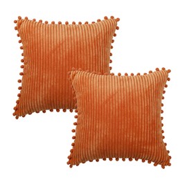 RKAAS HOME Pack of 2 Super Soft Decorative Luxurious Pom Pom Corduroy Square Cushion Cover for Living Room Sofa Couch Bed 50cm x 50cm 20x20 Inches - Orange