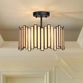 Wrlmfy Black Ceiling Light Fixture in Drum Shape, 12.5” Modern Semi Flush Mount Tiffany Lamp with White Glass, 3-Light Round Hanging Light for Bedroom Dining Room Kitchen Entryway Living Room
