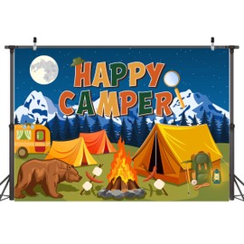 Atlastrip Happy Camper Outdoor Scene Backdrop, Mountain Camping Design with Tents and Campfire,Photography Background for Nighttime Mountain Camping-Themed Party Event (Blue, 6X4 ft)