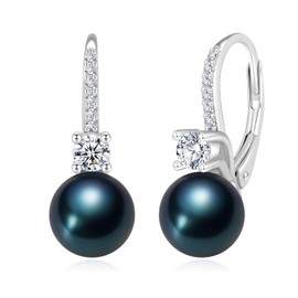 BAMIKI Black Pearl Drop Dangle Earrings 925 Sterling Silver Cubic Zirconia Leverback Earrings, 8MM Round Saltwater Cultured Pearls Jewelry Gifts for Women Wife Mother