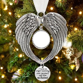 LYPER Christmas Memorial Ornaments, Sympathy Gift with Photo Frame, 'I Have an Angel Watching Over Me', Angel Wings Christmas Tree Hanging Pendant for Loss of Loved One (Husband)