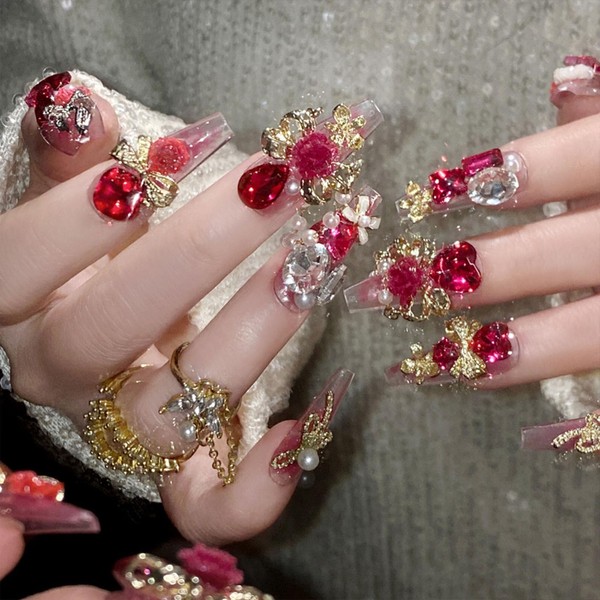 Luxury Press on Nails Coffin Medium Fake Nails with Bow