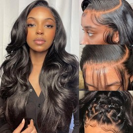 13x6 HD Transparent Lace Front Wigs Human hair Pre Plucked 180 Density Brazilian Body Wave Frontal Wigs Human Hair with Baby Hair Natural Hairline Natural Black Color 24Inch