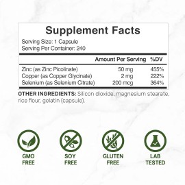 Zinc 50mg with Selenium 200mcg + Copper, 240 Capsules, 8 Month Supply, 3 in...