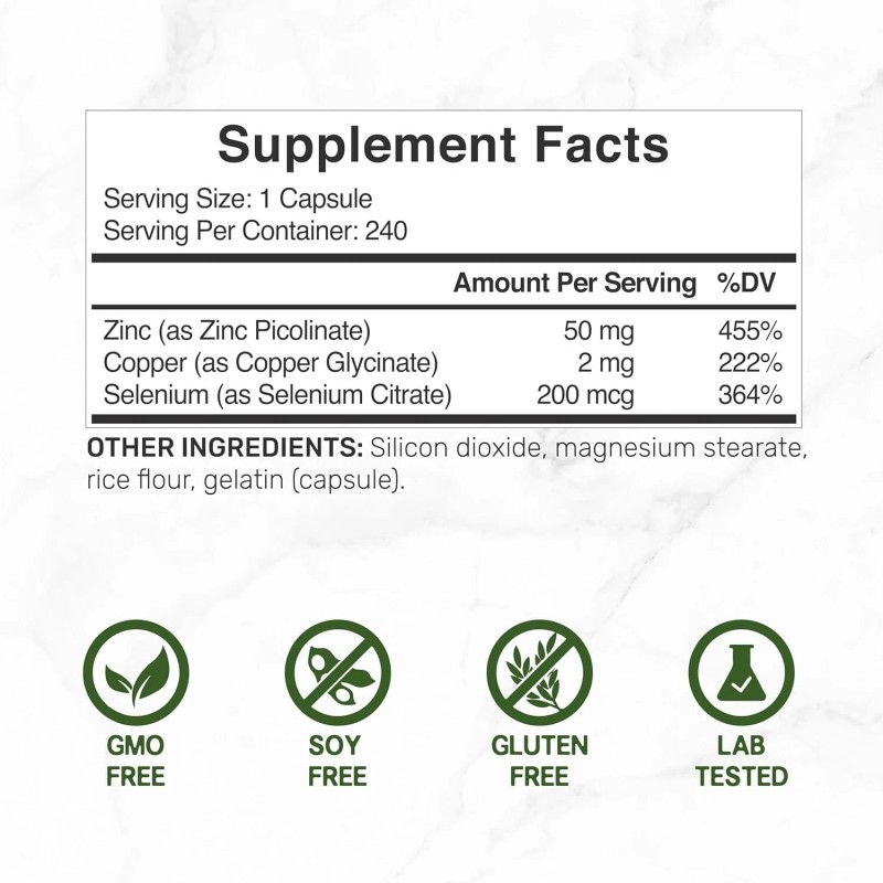 Zinc 50mg with Selenium 200mcg + Copper, 240 Capsules, 8