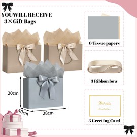 3Pcs Medium Gift Bags for Present 20 x 10 x 28 cm,Medium Mixed Gift Bag with Handle 6 Wrappers Tissue Papers and 3 Cards,Bow Ribbon Birthday Party Bags for Bridesmaid Wedding Christmas Valentines