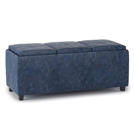 SIMPLIHOME Avalon 42 inch Wide Contemporary Rectangle Storage Ottoman in Denim Blue Vegan Faux Leather, Assembled, for the Living Room, Entryway and Family Room