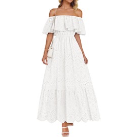 ZESICA Women's 2025 Summer Off Shoulder Ruffle Midi Dress Short Sleeve High Waist Hollow Out Embroidery Party Dresses,White,Large