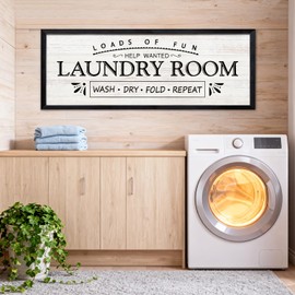 Laundry Room Decor Framed Wall Art, 32x12 Inch Wooden Loads of Fun Wash Dry Fold Repeat Laundry Room Signs Wall Decor, Farmhouse Wash Room Decoration for Bathroom over the Bathtub, Black