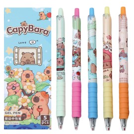 MOZXIRZ 5 Pcs Capyabra Gel Pens Cute Retractable Pens 0.5mm Black Ink Soft Grip Writing Pen Kawaii Cartoon Pen for Girls Boys Women Men Office School Supplies (Cute Capybara)