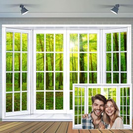 8 x 6 ft Spring Greenery Window Scenery Backdrop Green Forest Sunshine Natural Trees Photography Background Wedding Birthday Party Baby Shower Portrait Decor Office Video Conference Photo Props