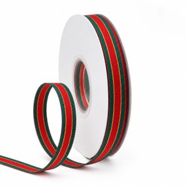 3/8 Inch Christmas Ribbon 25 Yards, Red and Green Stripe Satin Fabric Ribbons with Gold Glitter Threads for Gift Wrapping, Holiday Supplies Decor, Crafts