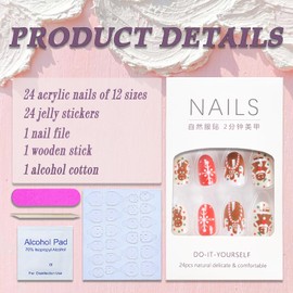 Christmas Fake Nails Short Almond Winter Press on Nails Full Cover Gingerbread Man Chocolate House False Nails with Designs Swirl Glossy Glue on Nails Manicure Artificial Nails for Women Girls 24Pcs