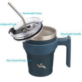 10 oz Tumbler with Handle and 2 Straw 2 Lid, Insulated Water Bottle Stainless Steel Vacuum Cup Reusable Travel Mug, Navy Blue