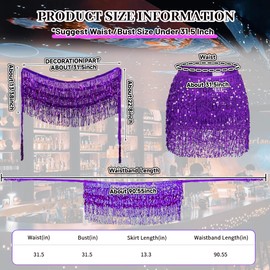 Baisdan 2 Pack Sequin Tassel Skirt for Women Girls - Sparkly Sequin Skirts Festival Outfit, Carnival Costumes (Waist/Bust Under 31.5") Purple