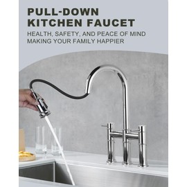 Bridge Kitchen Faucet with Pull Down Sprayer: Chrome Kitchen Sink Faucet 3 Holes 2 Handles with Supply Lines, 8.8 Inch Deck Mount Kitchen Sink Faucet with Sprayer for Kitchen